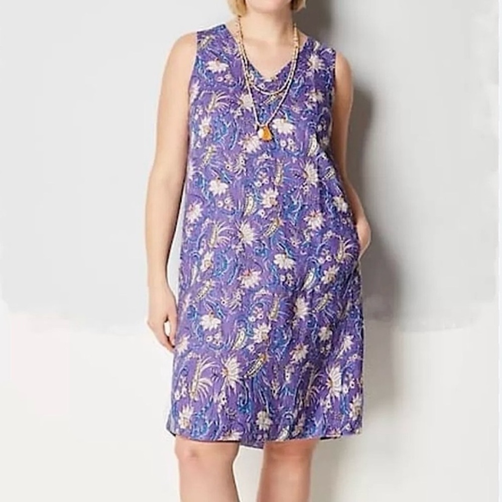 J. Jill Linen Sleeveless Floral Dress w Pockets Purple Medium LARGE
